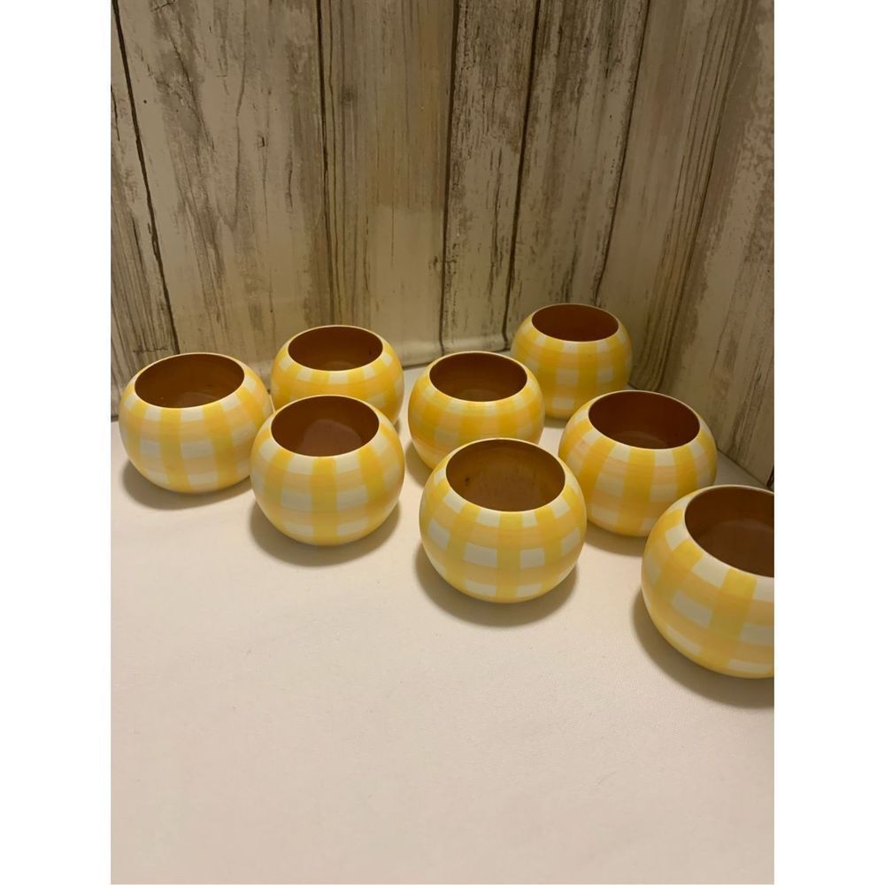 Vintage Farmhouse Yellow Gingham Wood Napkin Rings Set 8